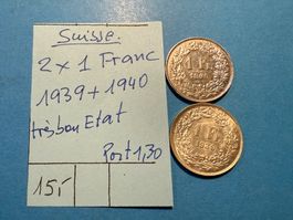 SUISSE : 2 X 1 FRANC 1939 + 1940. TRES BON ETAT