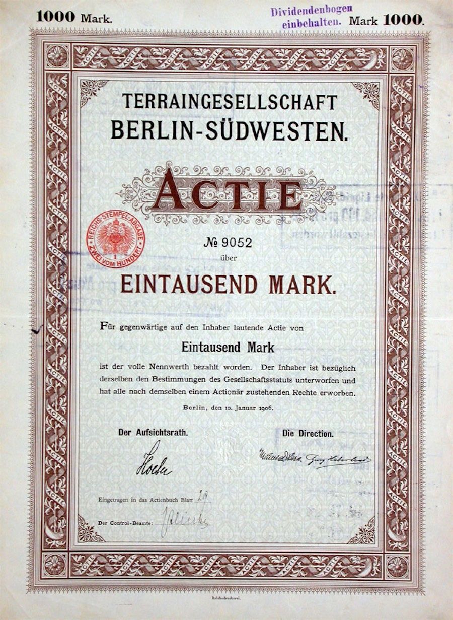 Dokumente: Terraingesellschaft Berlin-Südwesten AG, Berlin - 1906 – Gebraucht aus Solothurn von Sgasche