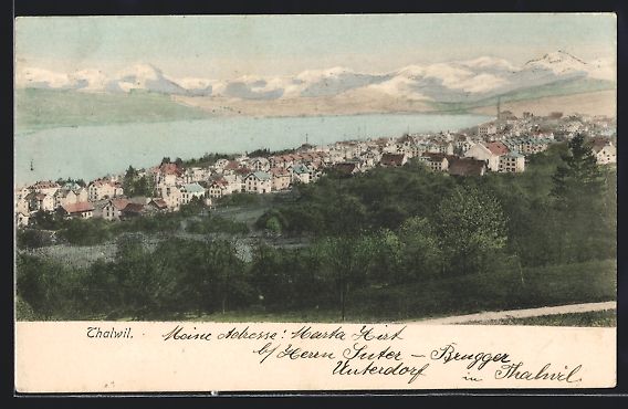 Cartoline postali: AK Thalwil, Teilansicht mit Bergen, 1908 – Usato da Berlin venduto da bartko-reher