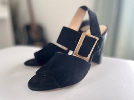Black suede leather block heel sandals - size US 7,5 /EU 38