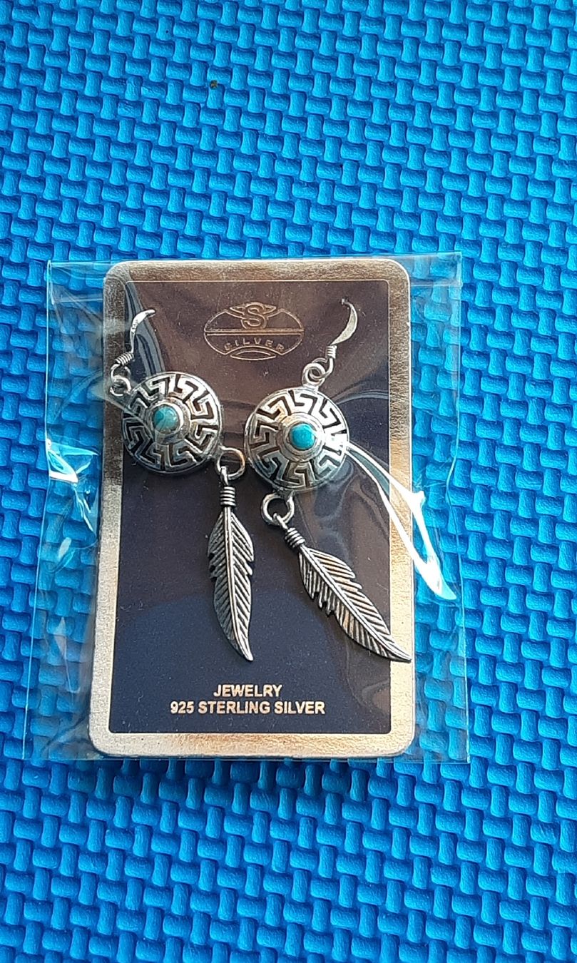 Orecchini pendenti & Orecchini a lobo: Sterling Silver925  Feather Dangle Earrings Turquoise Stone – Nuovo (secondo la descrizione) da Wetzikon ZH venduto da Balloonartist