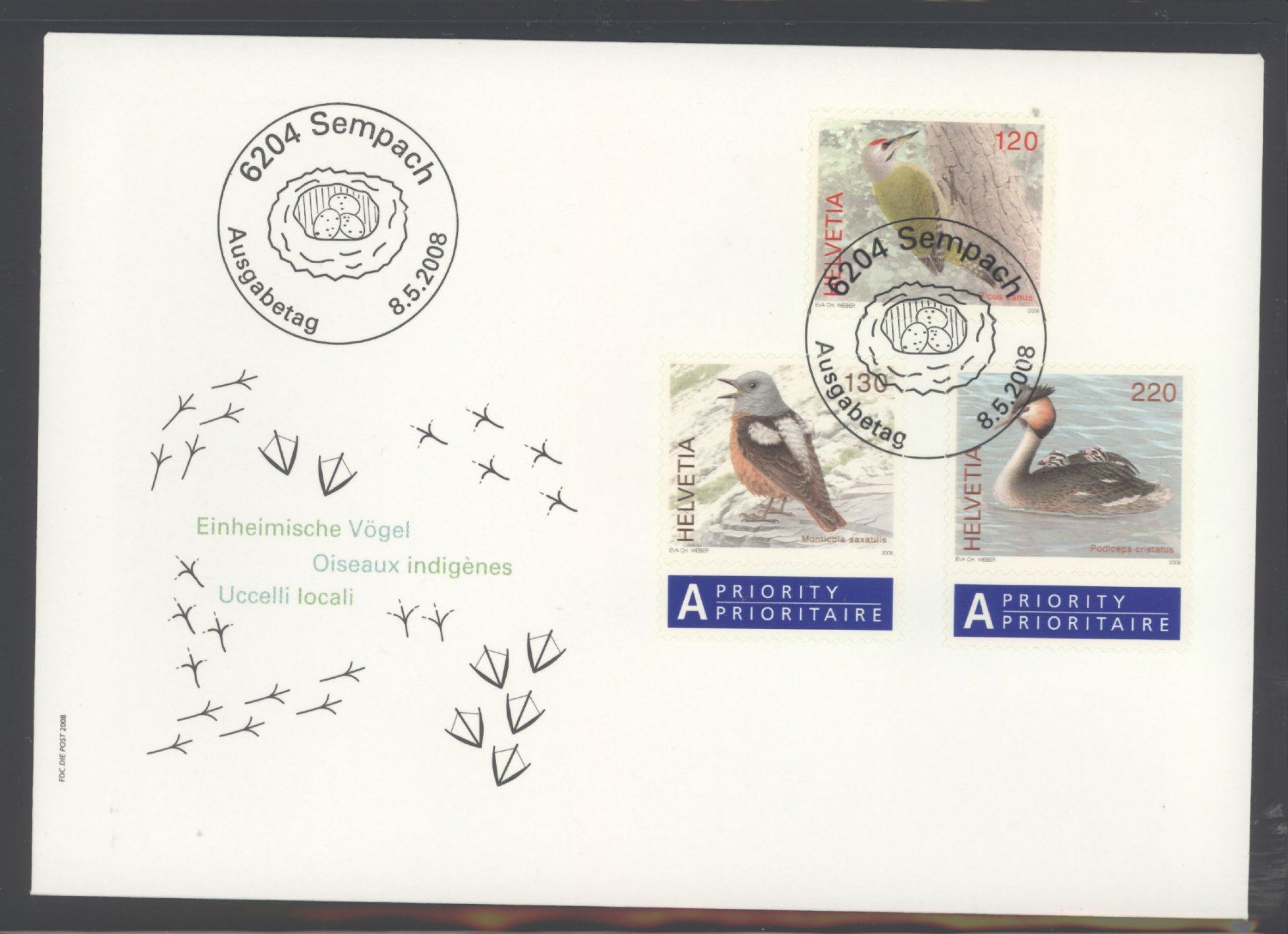 Tutti i francobolli: 2008, FDC, Dauermarken Einheimische Vögel – Usato da Willisau venduto da Vollstempel