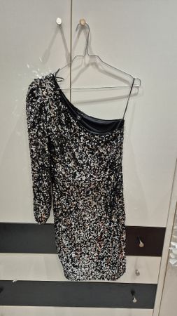 Abito da sera paillettes, mono spalla, taglia 36, nuovo.