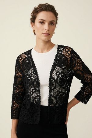 Vintage Gilet Crochet Noir Ouvert Manches 3/4 T. L