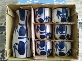 Service à saké japonais vintage en céramique "Blue Bamboo"