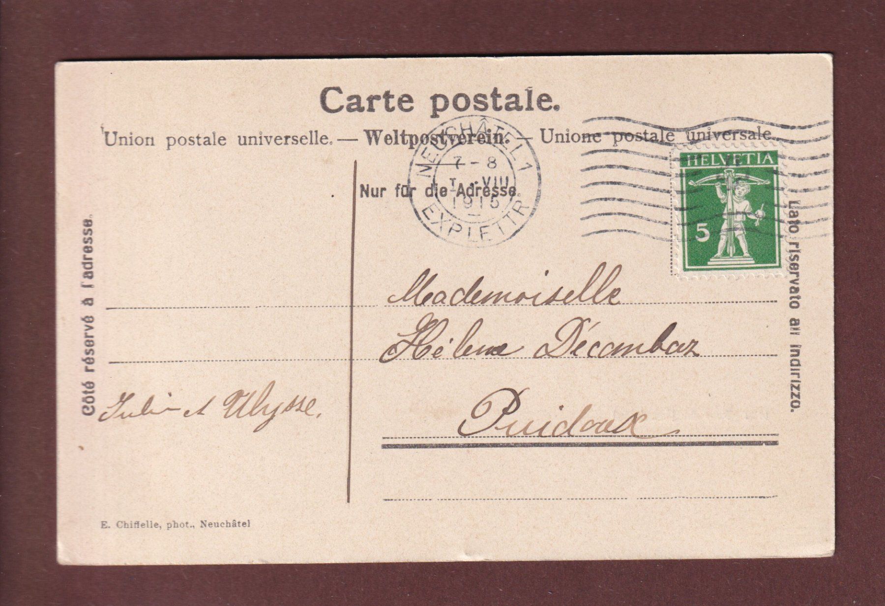Cartoline postali: Port de NEUCHÂTEL - 1915 – Usato da Pully venduto da nicecards 1