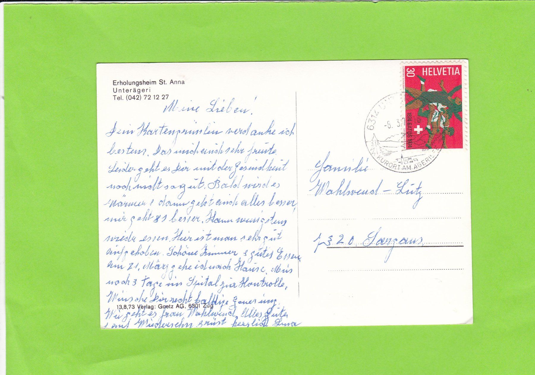 Cartoline postali: Erholungsheim St. Anna, Unterägeri – Usato da St. Peterzell venduto da neckertal 1