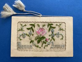 Seidekarte Karte Bonne Année mit Blumen Rarität 