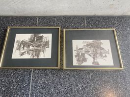 2er Set Druck grafische Arbeit, Dorf Kirche Berge