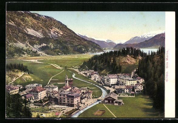Cartoline postali: AK Sils Maria, Teilansicht mit Seeblick – Usato da Berlin venduto da bartko-reher