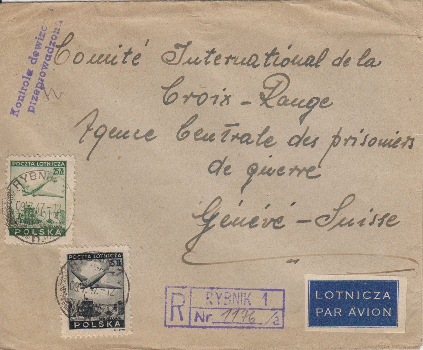 Alle Briefmarken: Flugpostbrief 1947 Polen - Rotes Kreuz – Gebraucht aus Eschlikon TG von PhilCon
