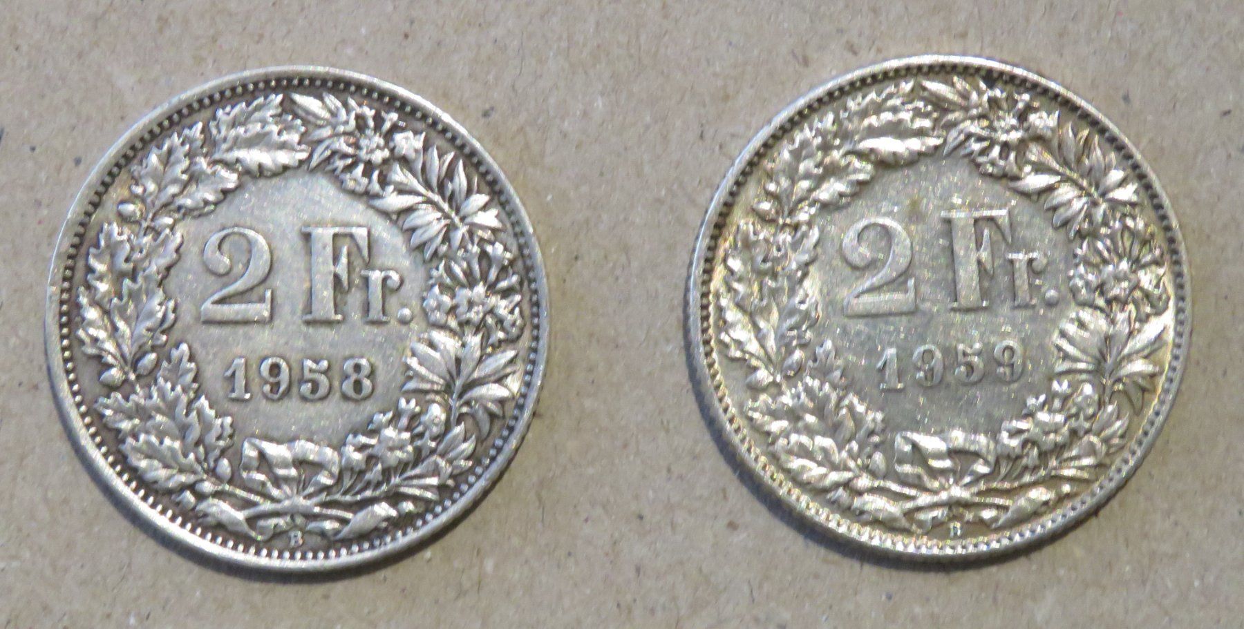 Alle Münzen: 2 x Fr. 2.-  1958 und 1959 Silber – Gebraucht aus Kreuzlingen von Koi4