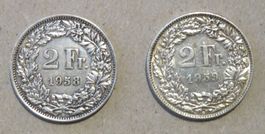 2 x Fr. 2.-  1958 und 1959 Silber