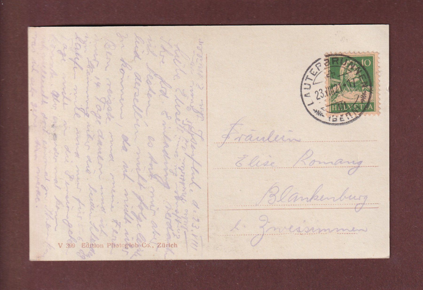 Ansichtskarten: LÜTSCHINE - JUNGFRAU - 1921 – Gebraucht aus Pully von nicecards-shop 1