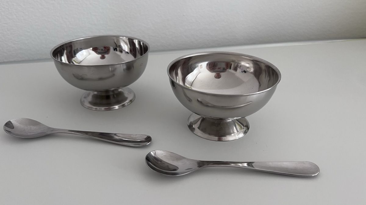 Cucine complete: Edelstahl Glaceschale mit Löffel – Nuovo (secondo la descrizione) da Zürich venduto da kitsune 1