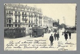 1904, LAUSANNE 2 TRAM'S GROSSAUFNAHMEN, BELEBT, SCHÖN!