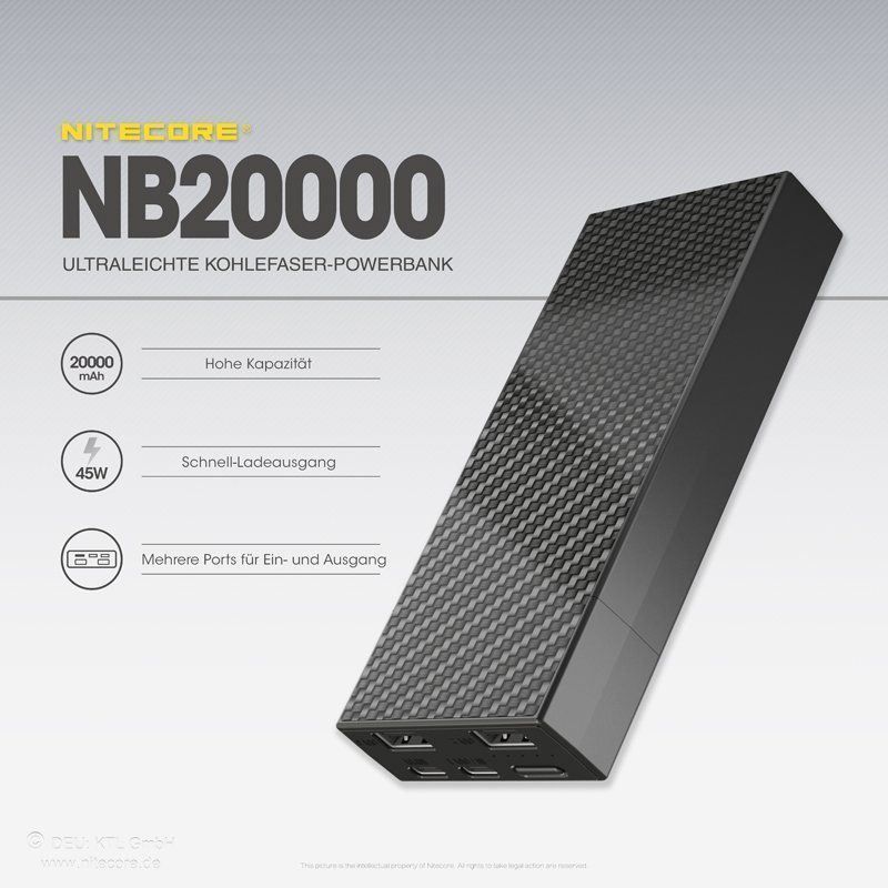 NiteCore Batterie: NiteCore Powerbank NB20000, superleicht – Nuovo e nell'imballaggio originale da Grüningen venduto da Prolumin