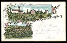 Lithographie St. Pelagiberg, Wallfahrtskirche und Pfarrhaus,