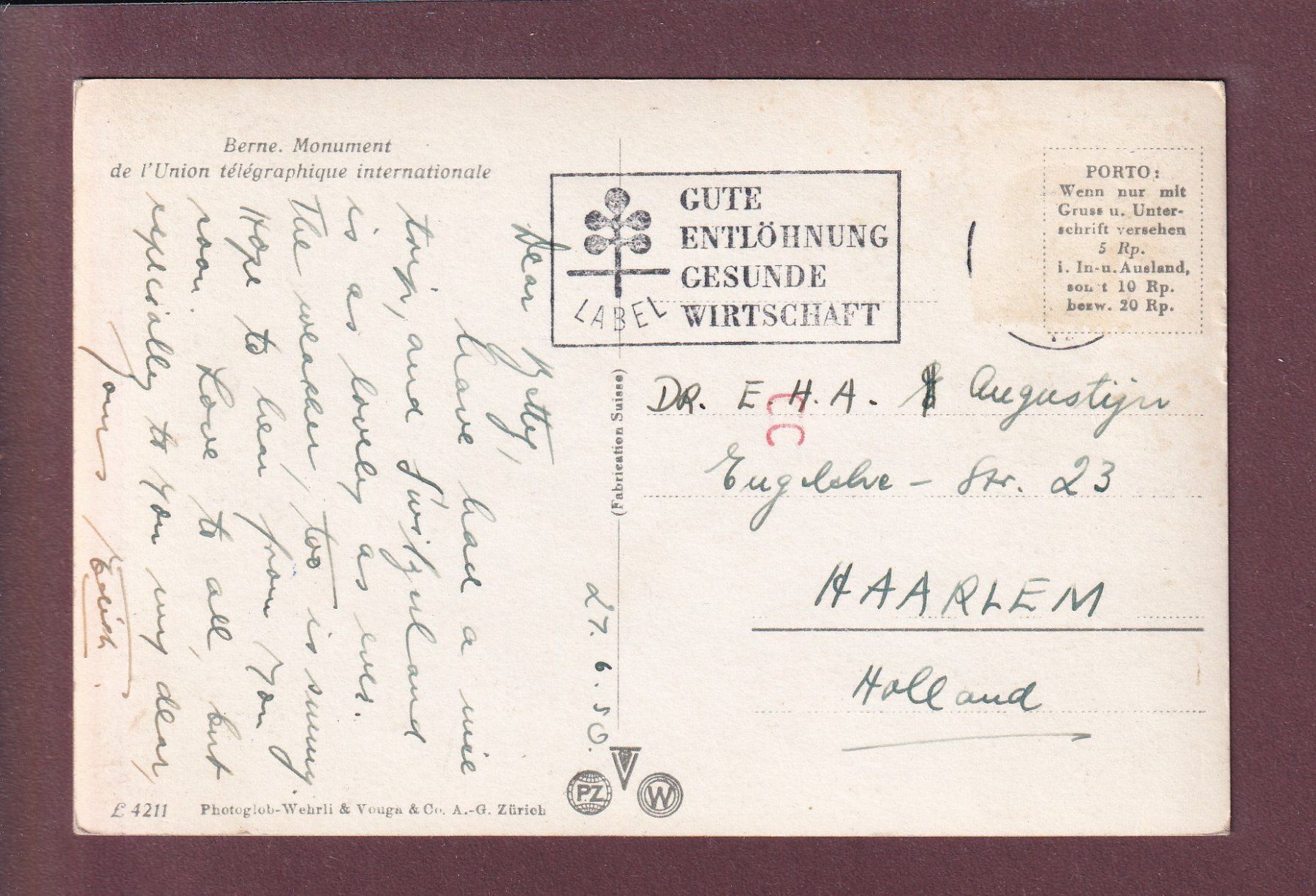 Cartoline postali: BERN - Welttelegraphen-Denkmal - 1950 – Usato da Pully venduto da nicecards 1