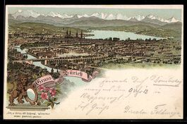 Lithographie Zürich, Ortsansicht mit See und Brücken