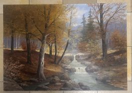 Gemälde "Herbstwald mit Bachlauf" von E. Herzog