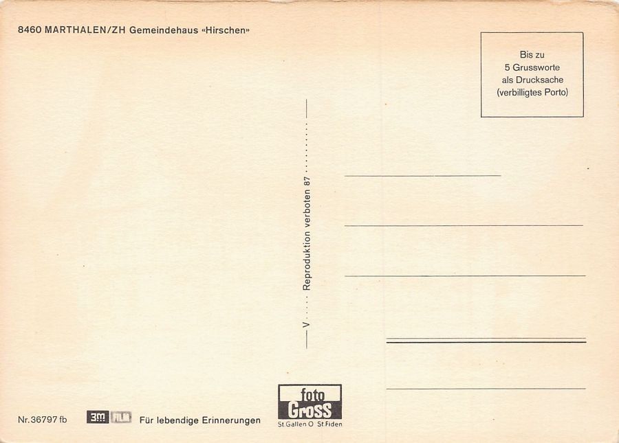 Ansichtskarten: Marthalen, Gemeindehaus HIRSCHEN, Oldtimer um 1975 – Gebraucht aus Frauenfeld von POML 1