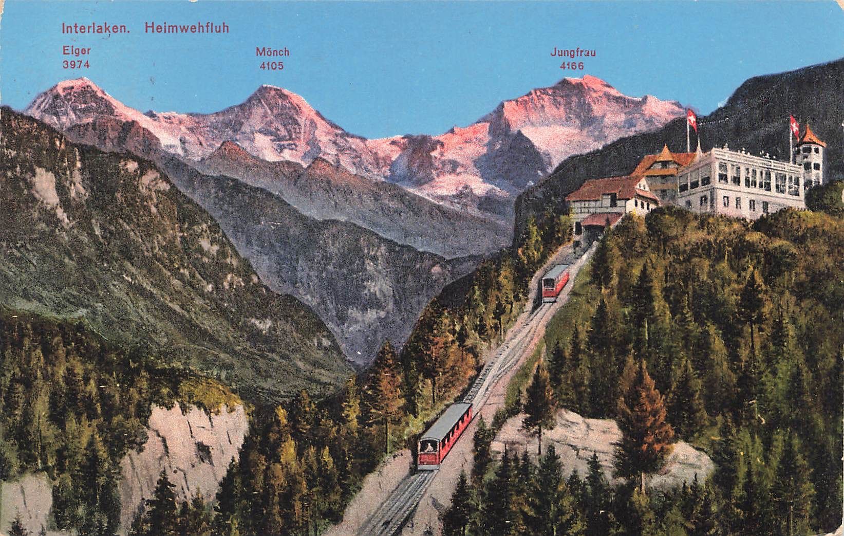 Cartoline postali: Interlaken BE Heimwehfluh Bahn mit Eiger Mönch Jungfrau – Usato da Biasca venduto da Blenio71