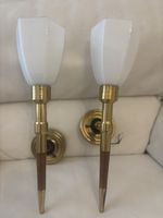 Paire d'appliques murales laiton, bois et verre