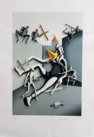 Mark Kostabi  „Konstruktion“.  3D-Siebdruck. 60 x 90 cm.