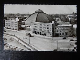 Antike Karte Basel Grossmarkthalle, Tram, Autos, belebt