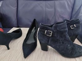 Bottine cuir daim bleu noir + chaussures noir talon Mango 39