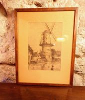 Antike Radierung Niederlande. Molen. Signiert & Beschriftet