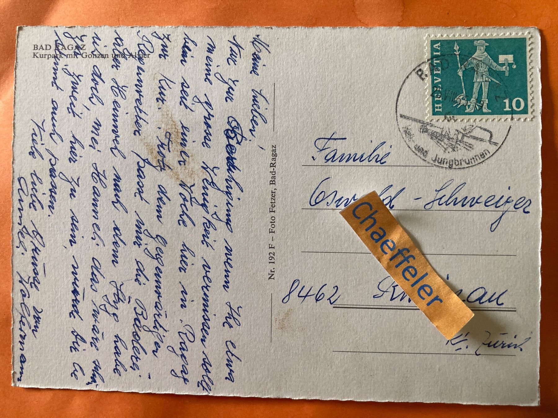 Ansichtskarten: 1965 Bad Ragaz, Kurpark mit Gonzen und Alyier – Gebraucht aus Zürich von Chaeffeler 1