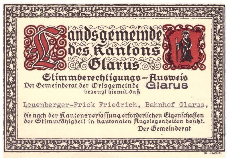 Alle Briefmarken: Stimmberechtigungs-Ausweis Landsgemeinde – Neu (gemäss Beschreibung) aus Richterswil von solalex