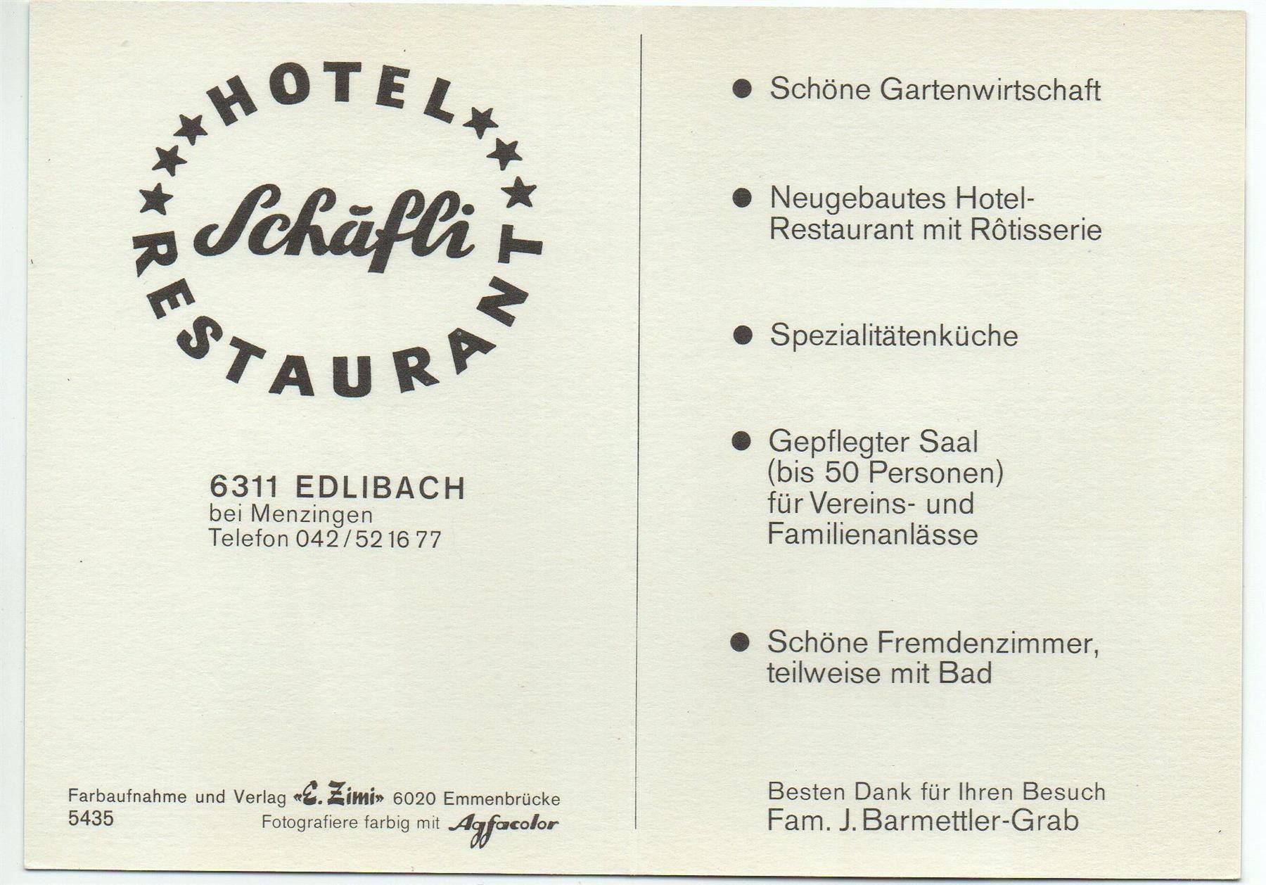 Ansichtskarten: EDLIBACH bei Menzingen - Hotel Restaurant Schäfli – Neu (gemäss Beschreibung) aus Jona von philajona 1