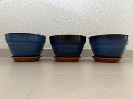 3 Keramik Blumentöpfe blau mit Kunststoffuntersetzer
