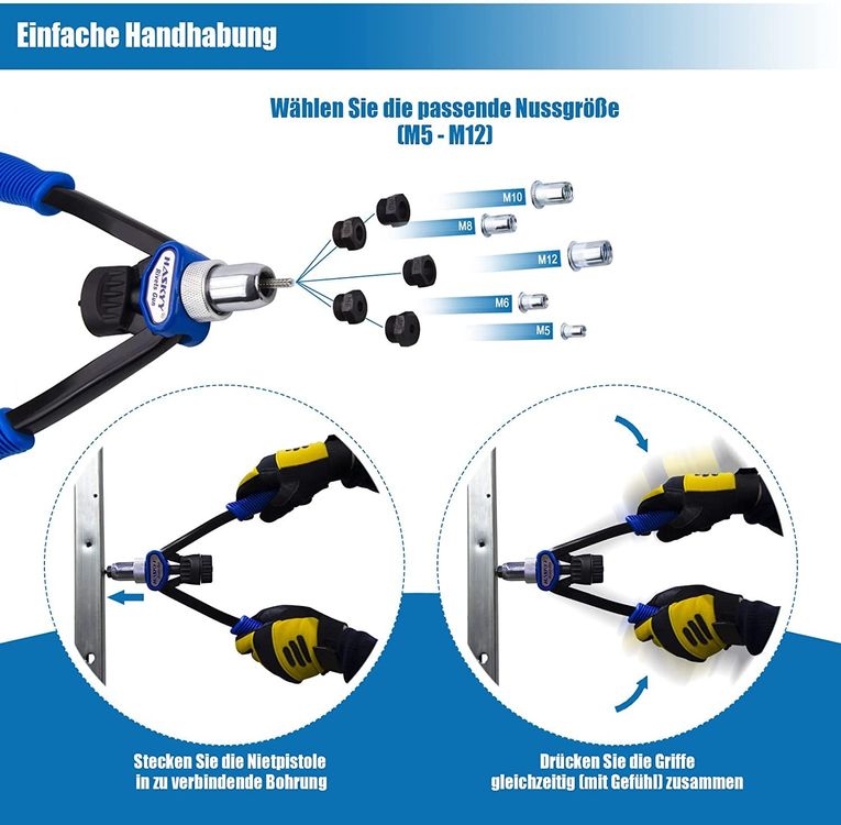 Nietmutternzange M5 M6 M8 M10 M12 Nietmutternzange Für M5 Bis M12 – Edelstahl/Alu, Gewinde-Nietmuttern-Zange Nietzange M5 M6 M8 M10 M12
