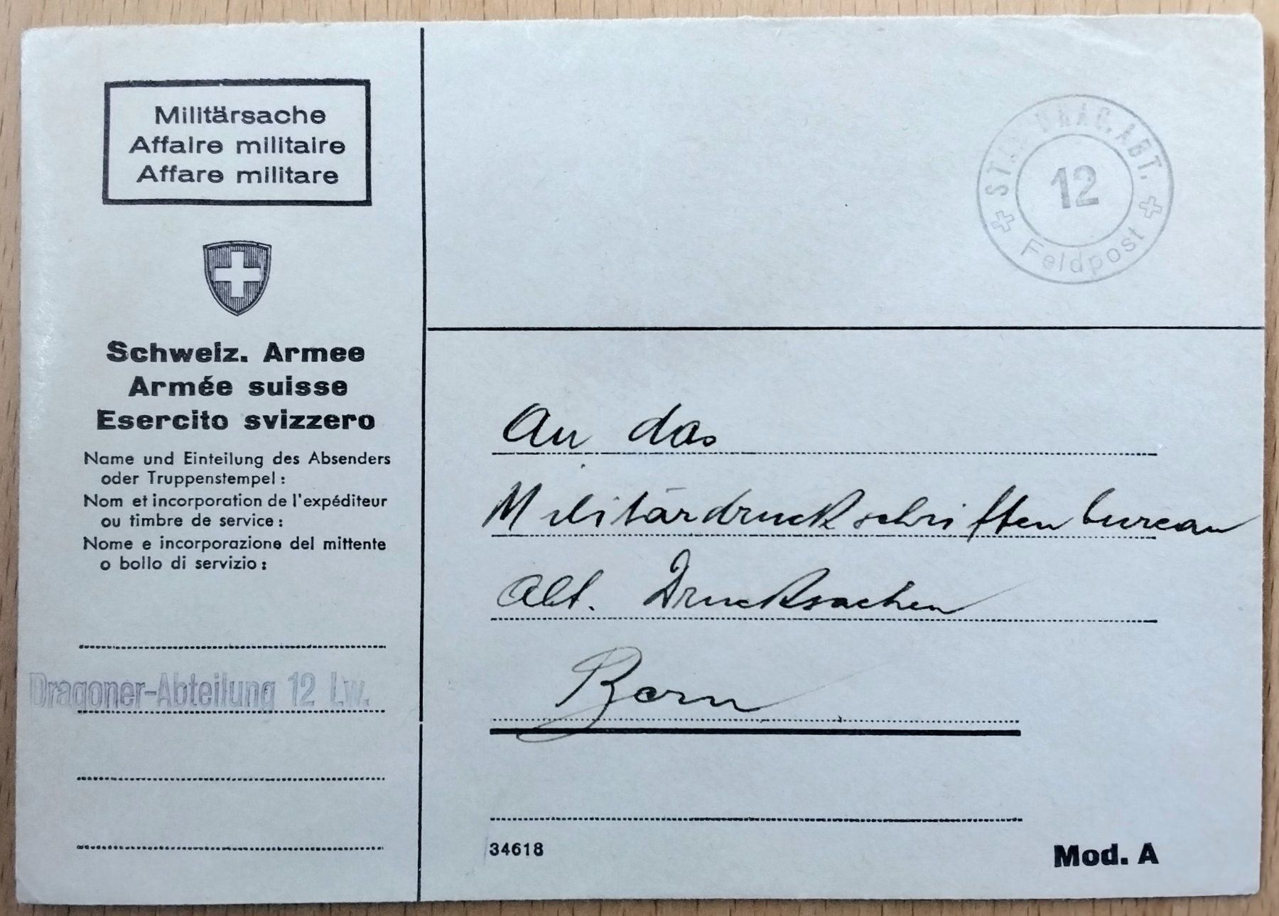 Tutti i francobolli: FP-Brief 2.WK, Stab Dragoner Abt 12, Kav – Usato da Niederuzwil venduto da LichtPhil 1