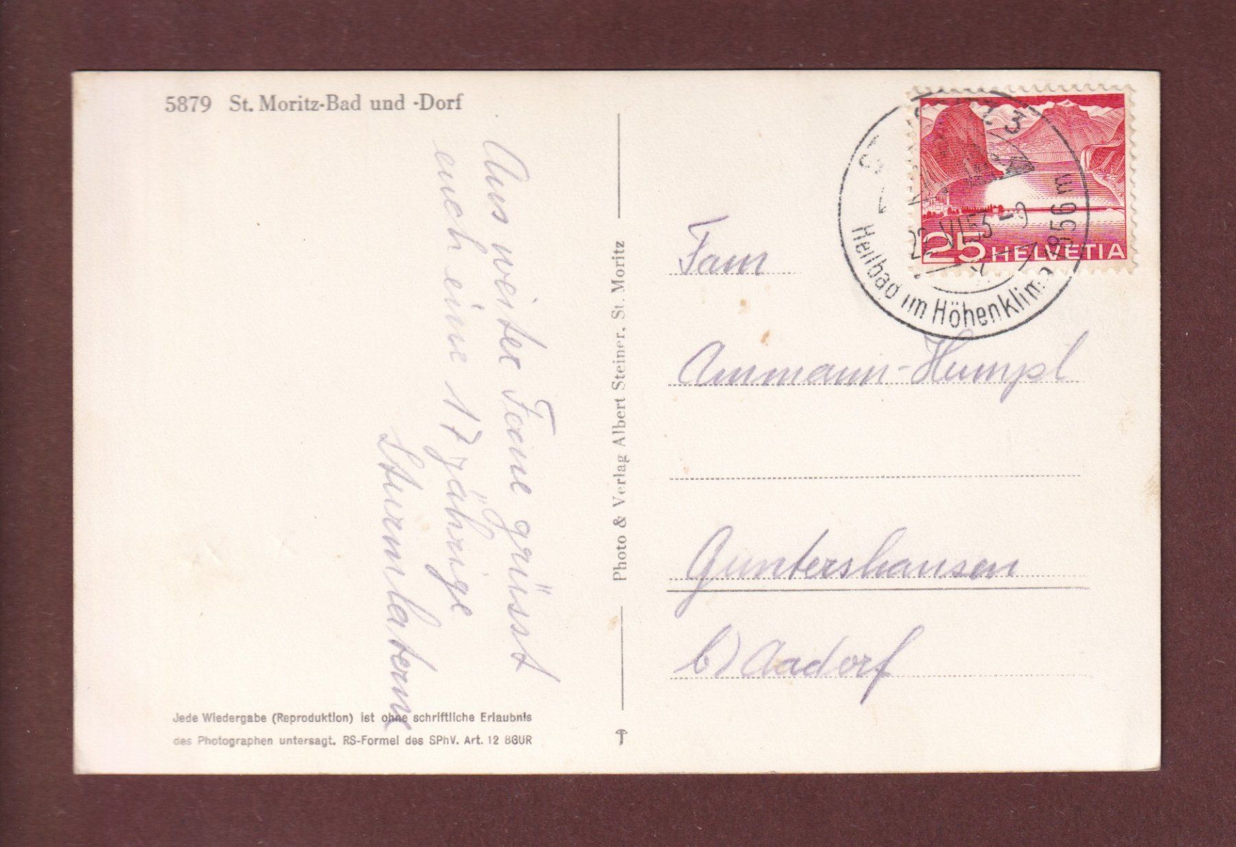 Cartes postales: ST. MORITZ-BAD und DORF - 1953 – D'occasion à Pully par nicecards-shop 1