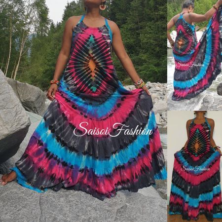 Sommer Batik100%Baumwolle Hippie Boho Handmade MaxiKleidXS-L