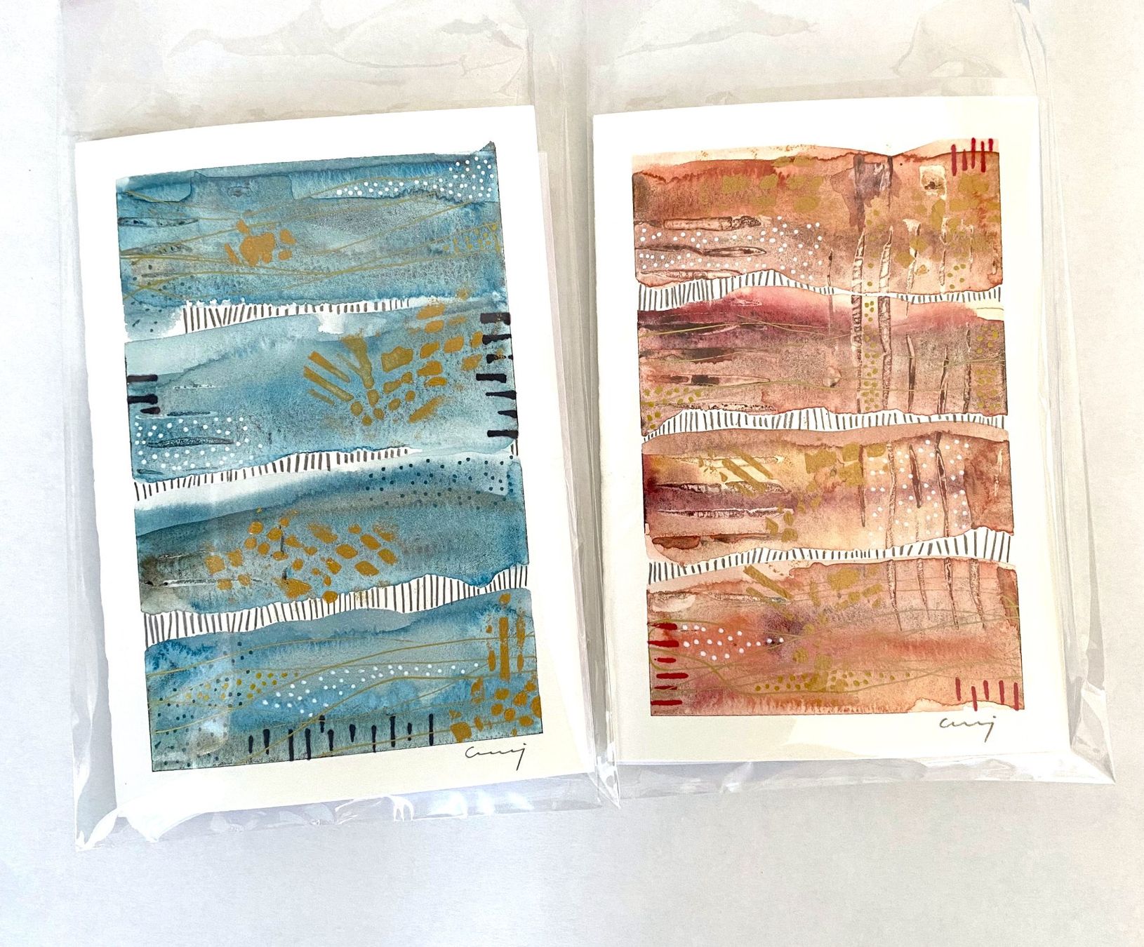 Cartoline: 2-er Set Aquarell-Kunstkarten, handgemalt, Grusskarten – Nuovo e nell'imballaggio originale da Fanas venduto da Omibia 1