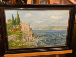 Ölbild auf Holz, Jugendstil Rahmen, Bild Haus am Meer