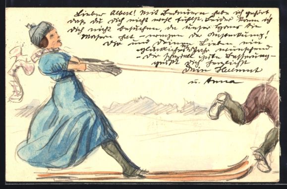 Ansichtskarten: Handgemalt: Frau auf Skier wird von eine – Gebraucht aus Berlin von bartko-reher