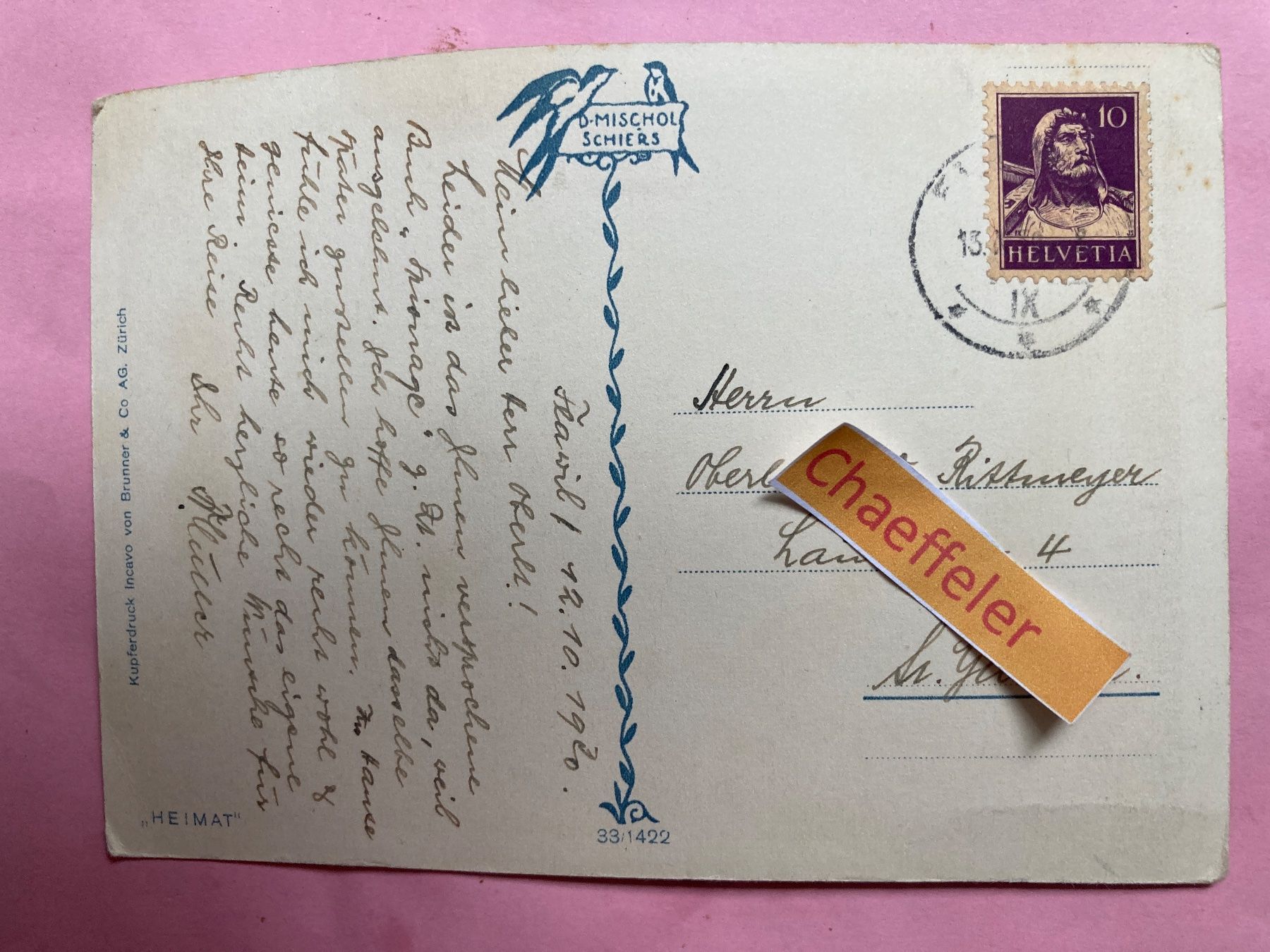 Cartoline postali: 1920 Riemersee – Usato da Zürich venduto da Chaeffeler 1