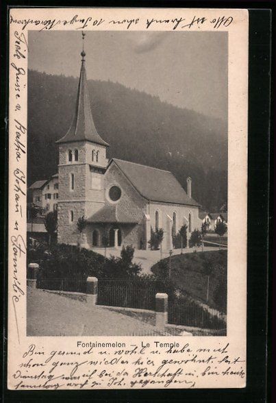 Cartoline postali: AK Fontainemelon, Le Temple, 1908 – Usato da Berlin venduto da bartko-reher