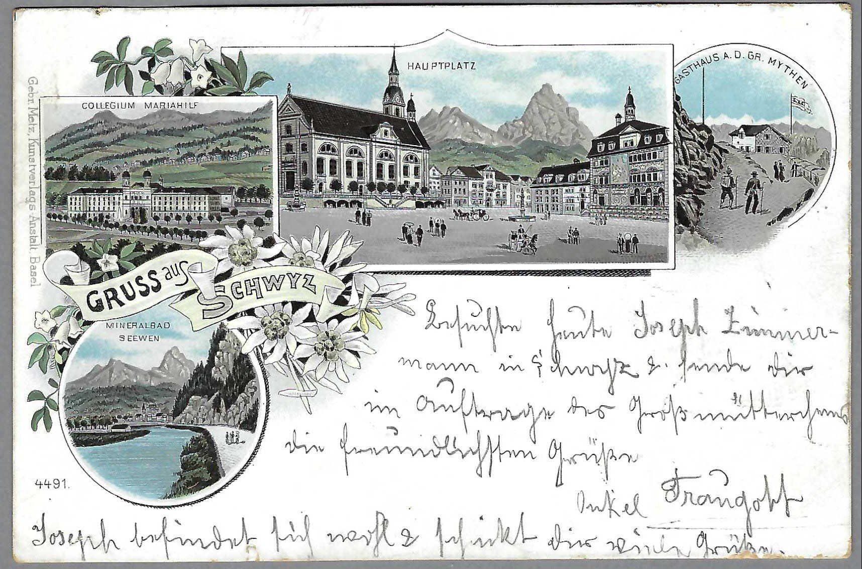 Cartoline postali: 1908, SCHWYZ, SCHÖNE VIERBILDRIGE LITO – Usato da Pura venduto da ulisse1957