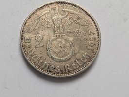 🇩🇪 Third Reich: 2 Reichsmark 1937 A Hindenburg. Silver
