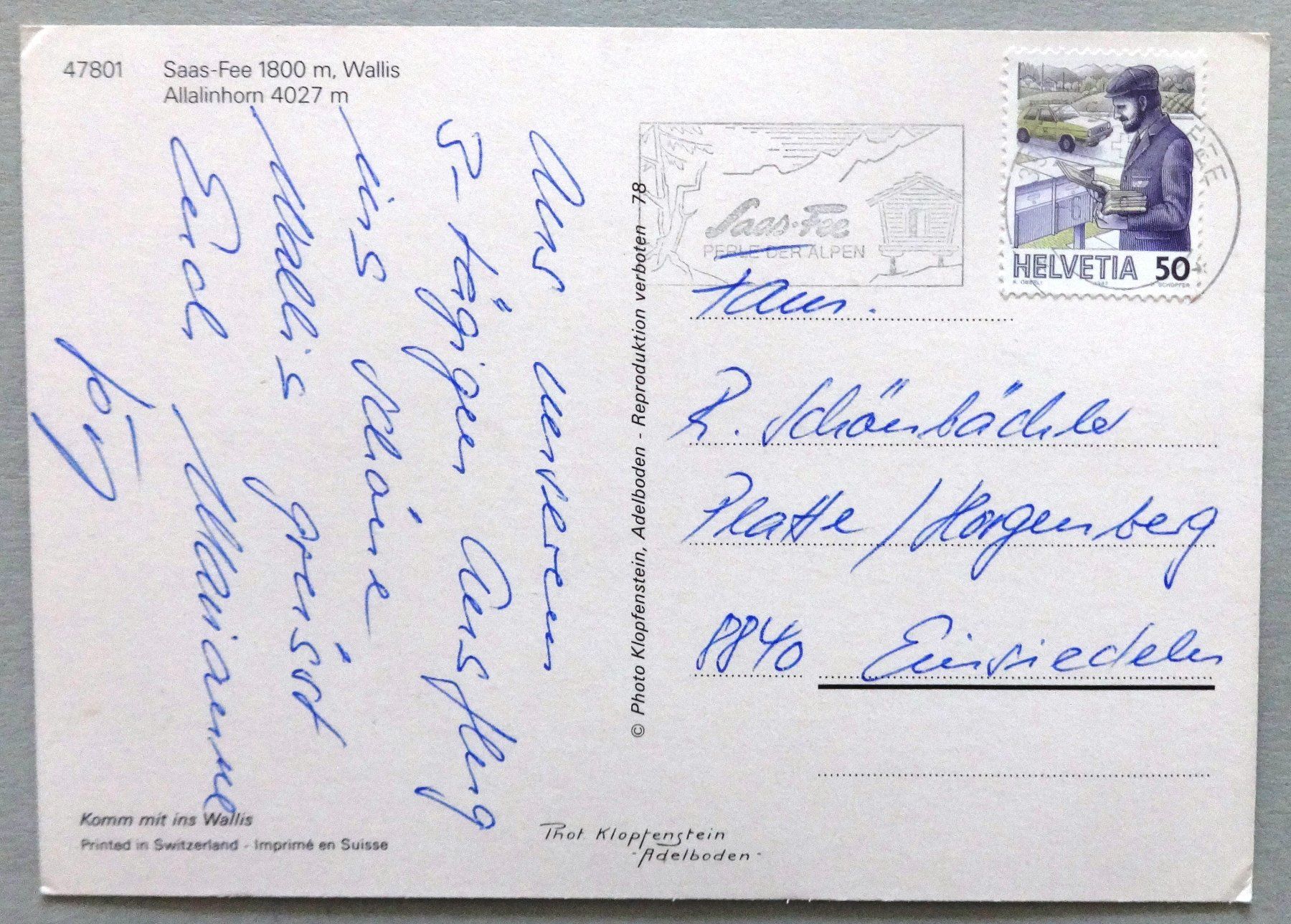 Cartes postales: Saas-Fee 1800 m, Allalinhorn 4027 m – D'occasion à Fétigny par Billy2miny 1