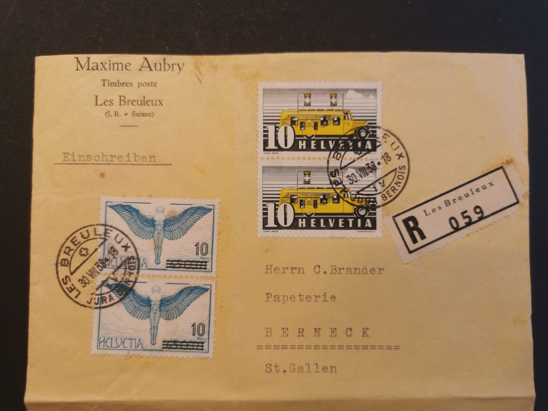 Alle Briefmarken: Ganzsache  Les Breuleux   Berneck  1938 – Gebraucht aus Rheineck von kat_7gld