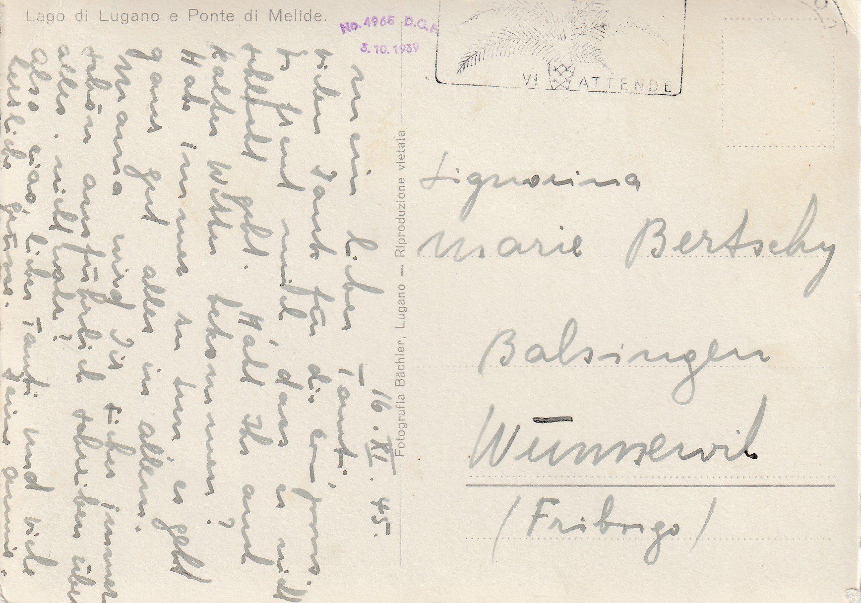 Cartoline postali: AK Melide gel. 16.11.1945 – Usato da Fribourg venduto da schnalla92 1